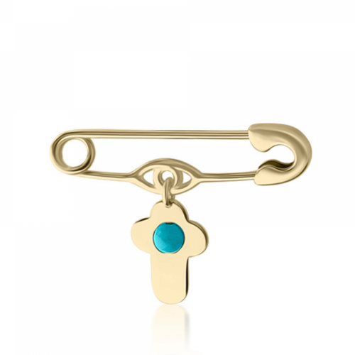 Babies pin K14 gold with cross, eye and turquoise pf0049 BABIES Κοσμηματα - chrilia.gr