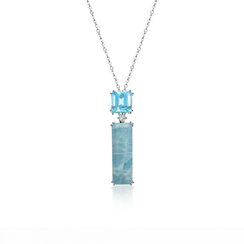 Multistone necklace 14K white gold with diamonds 0.03ct, VS1, G, aquamarine and blue topaz ko5583 NECKLACES Κοσμηματα - chrilia.gr