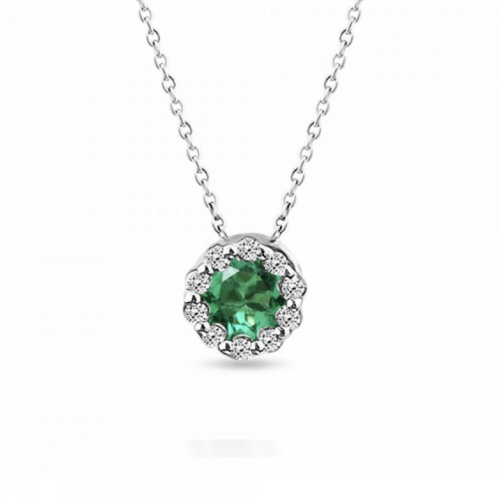 Solitaire rosette necklace, Κ18 white gold with emerald 0.25ct and diamond 0.06ct, VS1, H, me2208 NECKLACES Κοσμηματα - chrilia.gr