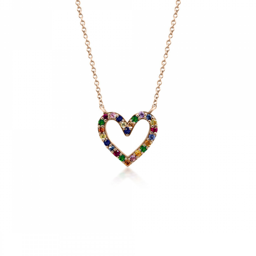 Heart necklace, Κ18 pink gold with sapphires, rubies and amethyst 0.22ct, ko5438 NECKLACES Κοσμηματα - chrilia.gr