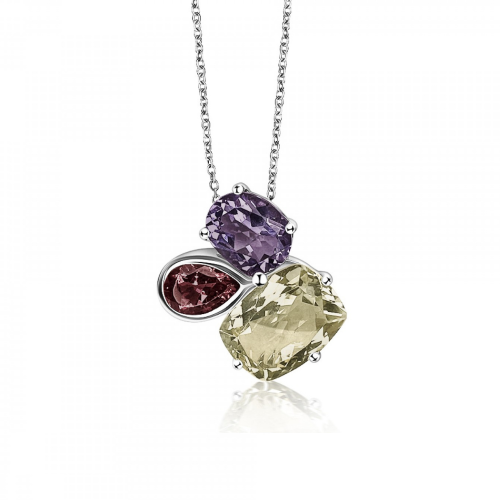 Multistone necklace, Κ18 white gold with amethyst, rose turmaline and prasiolite, ko0802 NECKLACES Κοσμηματα - chrilia.gr