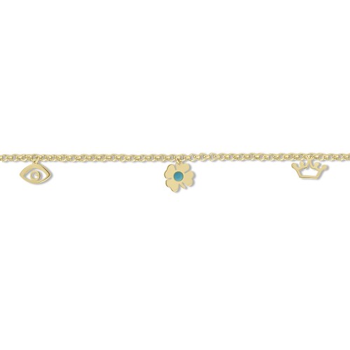 Babies bracelet K14 gold with crown, four-leaf clover, eye and turquoise pb0334 BRACELETS Κοσμηματα - chrilia.gr