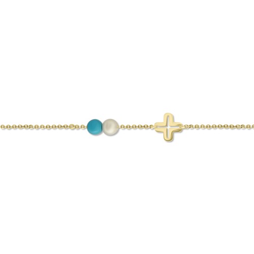 Babies bracelet K14 gold with cross, white pearl and turquoise pb0372 BRACELETS Κοσμηματα - chrilia.gr