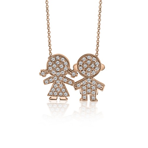 Necklace for mum, K18 pink gold with boy, girl and diamonds 0.30ct, VS1, H, ko3256 NECKLACES Κοσμηματα - chrilia.gr