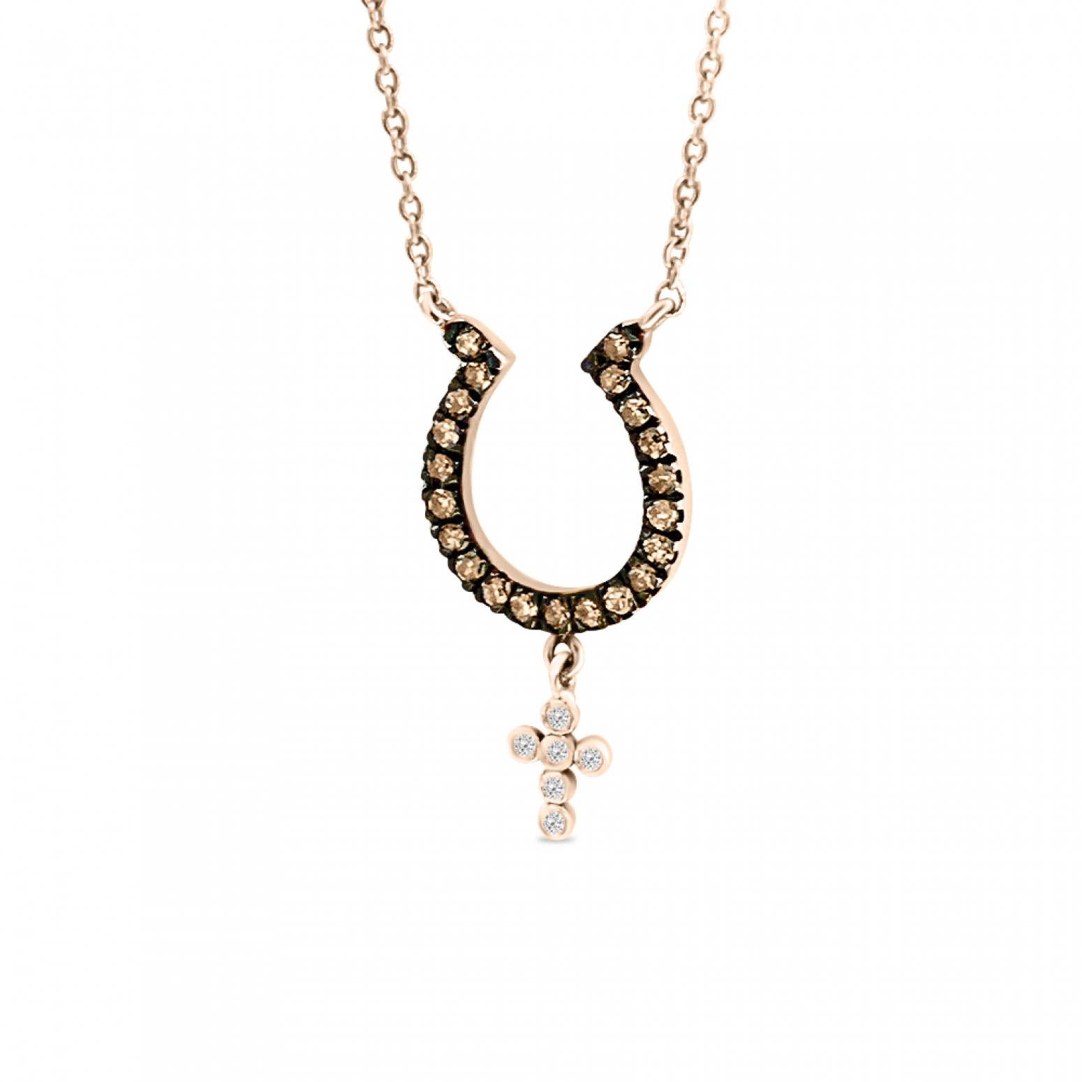 Petal necklace with cross, Κ18 pink gold with brown diamonds 0.10ct and white, ko4569 NECKLACES Κοσμηματα - chrilia.gr