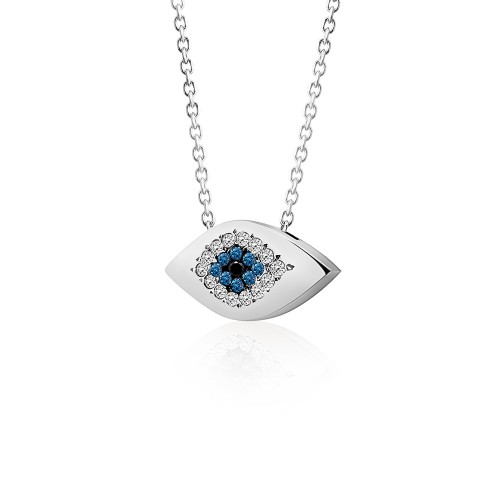 Eye necklace, Κ14  white gold with white, blue and black zircon, ko5494 NECKLACES Κοσμηματα - chrilia.gr